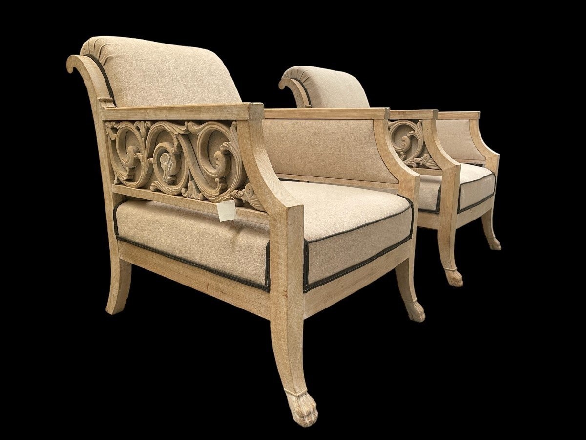 Pair of Danish design armchairs signed 1940. Armchairs covered with a new tapestry. The armchairs have a plate at the bottom. : Frederik Staermose Mobelfabric Odense Dimensions: Height: 86 cm Width : 66 cm Depth: 86 cm Comfortable seats