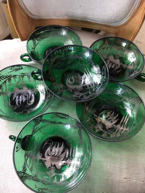 Set Of 6 Large Cups And 1 Bowl In Green Glasswork With Silver