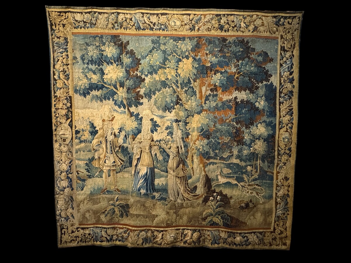 17thC. Flemish ‘Verdure’ wool tapestry from Oudenaarde, dating 1680–1700, depicting a court or hunting scene featuring animals, a woodland landscape and noble figures. 