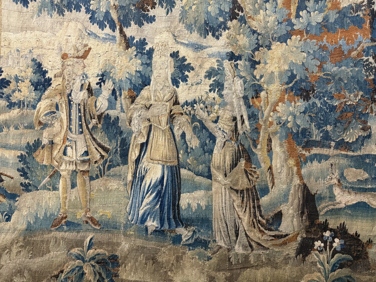 17thC. Flemish ‘Verdure’ wool tapestry from Oudenaarde, dating 1680–1700, depicting a court or hunting scene featuring animals, a woodland landscape and noble figures. 