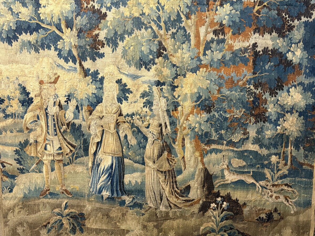 17thC. Flemish ‘Verdure’ wool tapestry from Oudenaarde, dating 1680–1700, depicting a court or hunting scene featuring animals, a woodland landscape and noble figures. 