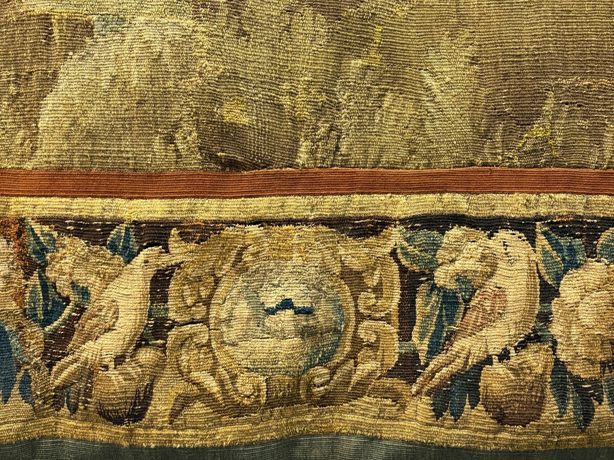 17thC. Flemish ‘Verdure’ wool tapestry from Oudenaarde, dating 1680–1700, depicting a court or hunting scene featuring animals, a woodland landscape and noble figures. 