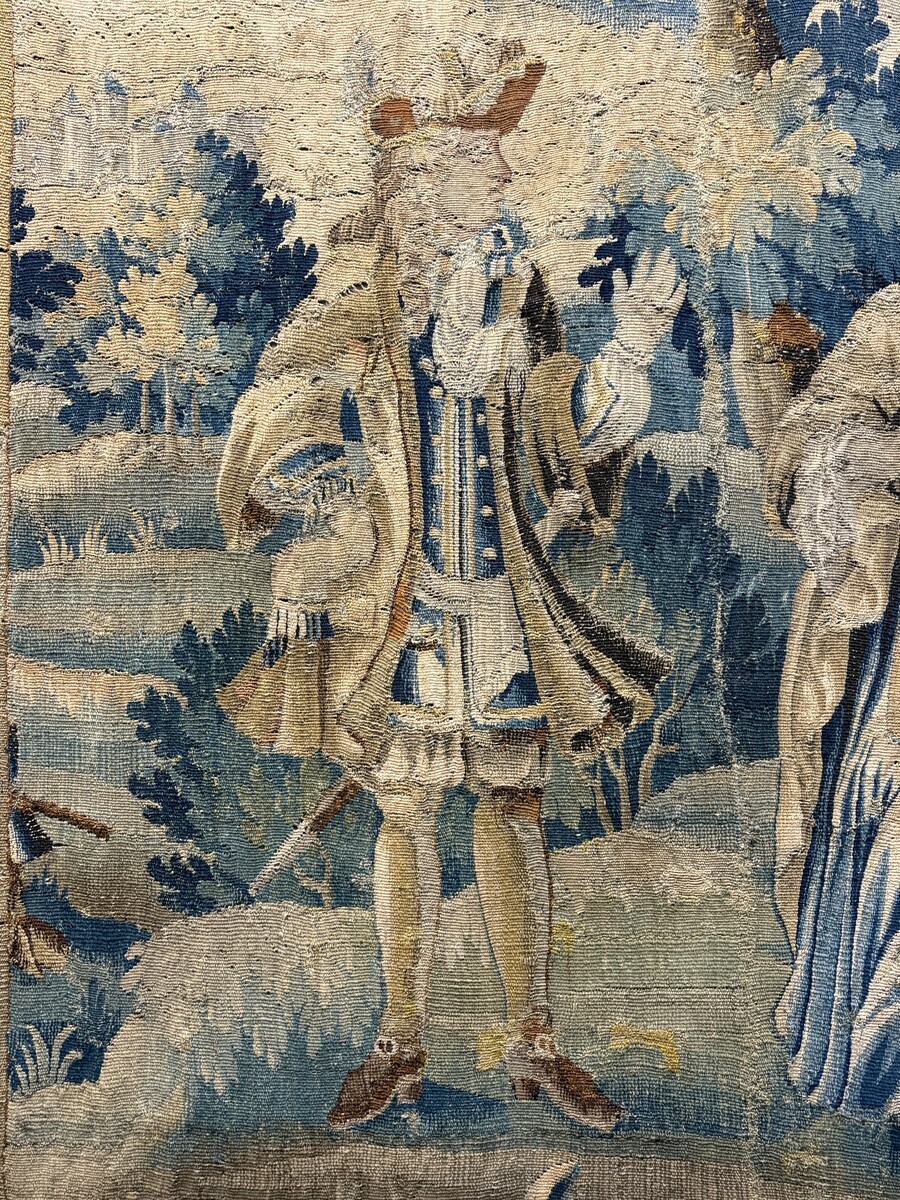 17thC. Flemish ‘Verdure’ wool tapestry from Oudenaarde, dating 1680–1700, depicting a court or hunting scene featuring animals, a woodland landscape and noble figures. 