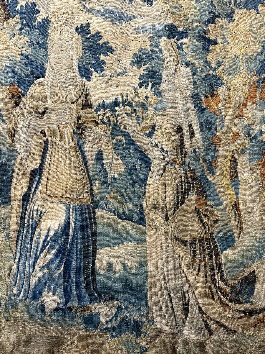 17thC. Flemish ‘Verdure’ wool tapestry from Oudenaarde, dating 1680–1700, depicting a court or hunting scene featuring animals, a woodland landscape and noble figures. 