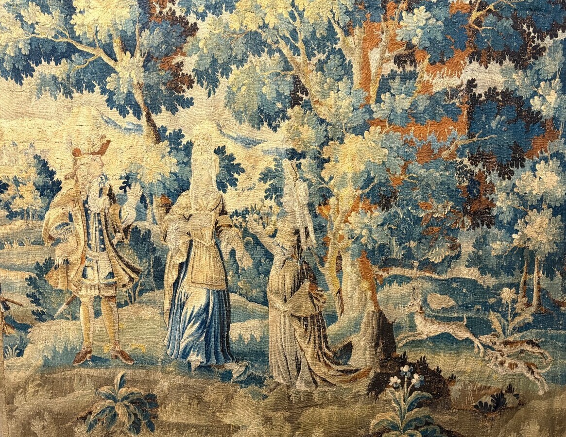 17thC. Flemish ‘Verdure’ wool tapestry from Oudenaarde, dating 1680–1700, depicting a court or hunting scene featuring animals, a woodland landscape and noble figures.