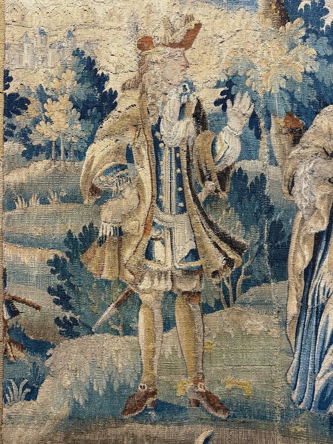 17thC. Flemish ‘Verdure’ wool tapestry from Oudenaarde, dating 1680–1700, depicting a court or hunting scene featuring animals, a woodland landscape and noble figures.
