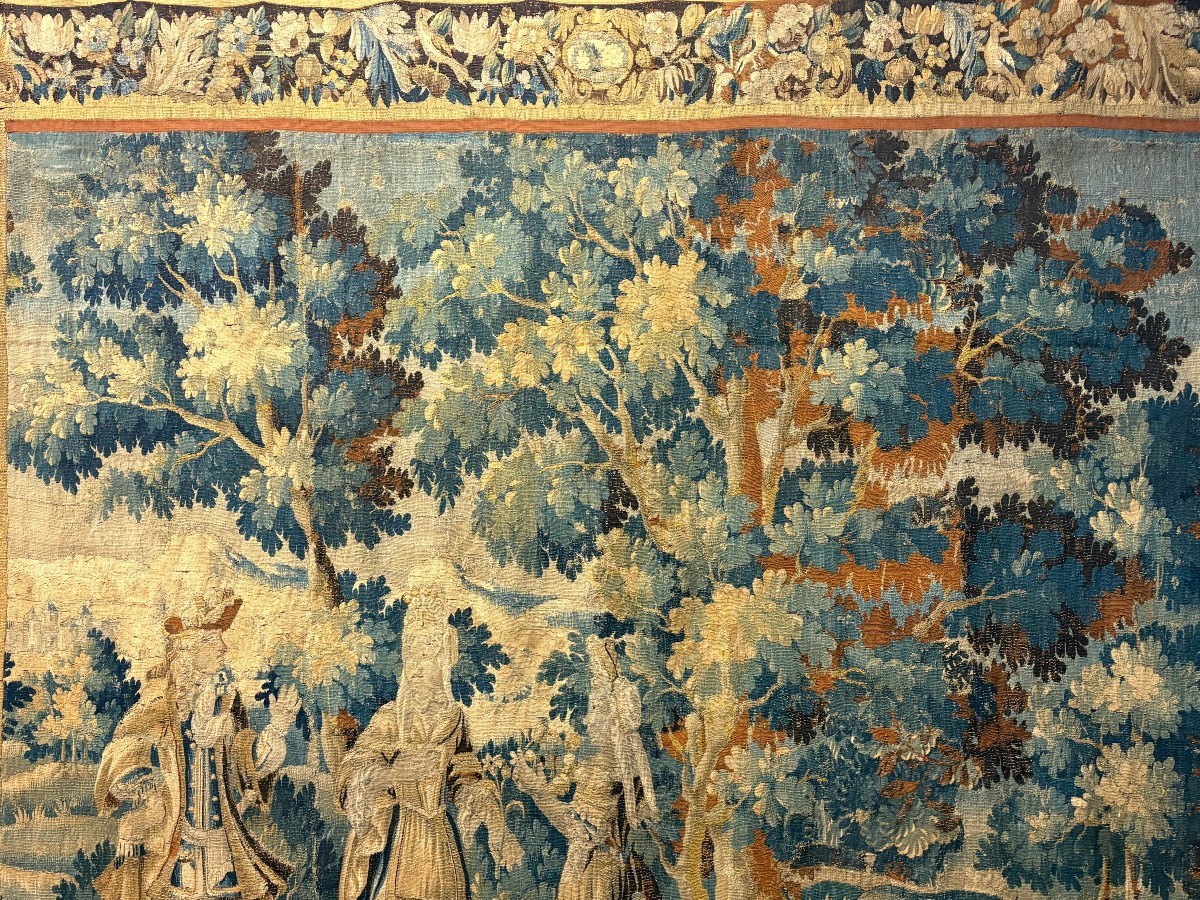 17thC. Flemish ‘Verdure’ wool tapestry from Oudenaarde, dating 1680–1700, depicting a court or hunting scene featuring animals, a woodland landscape and noble figures.