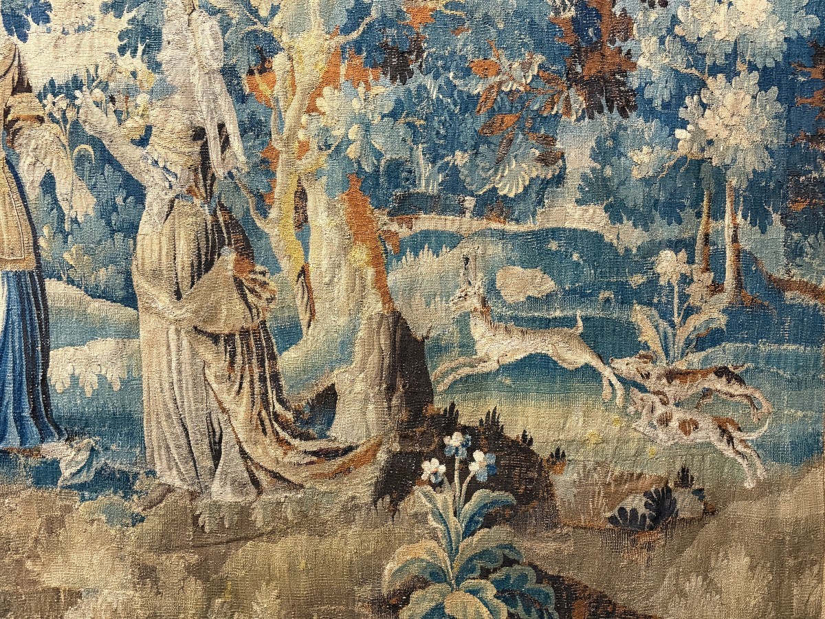 17thC. Flemish ‘Verdure’ wool tapestry from Oudenaarde, dating 1680–1700, depicting a court or hunting scene featuring animals, a woodland landscape and noble figures.