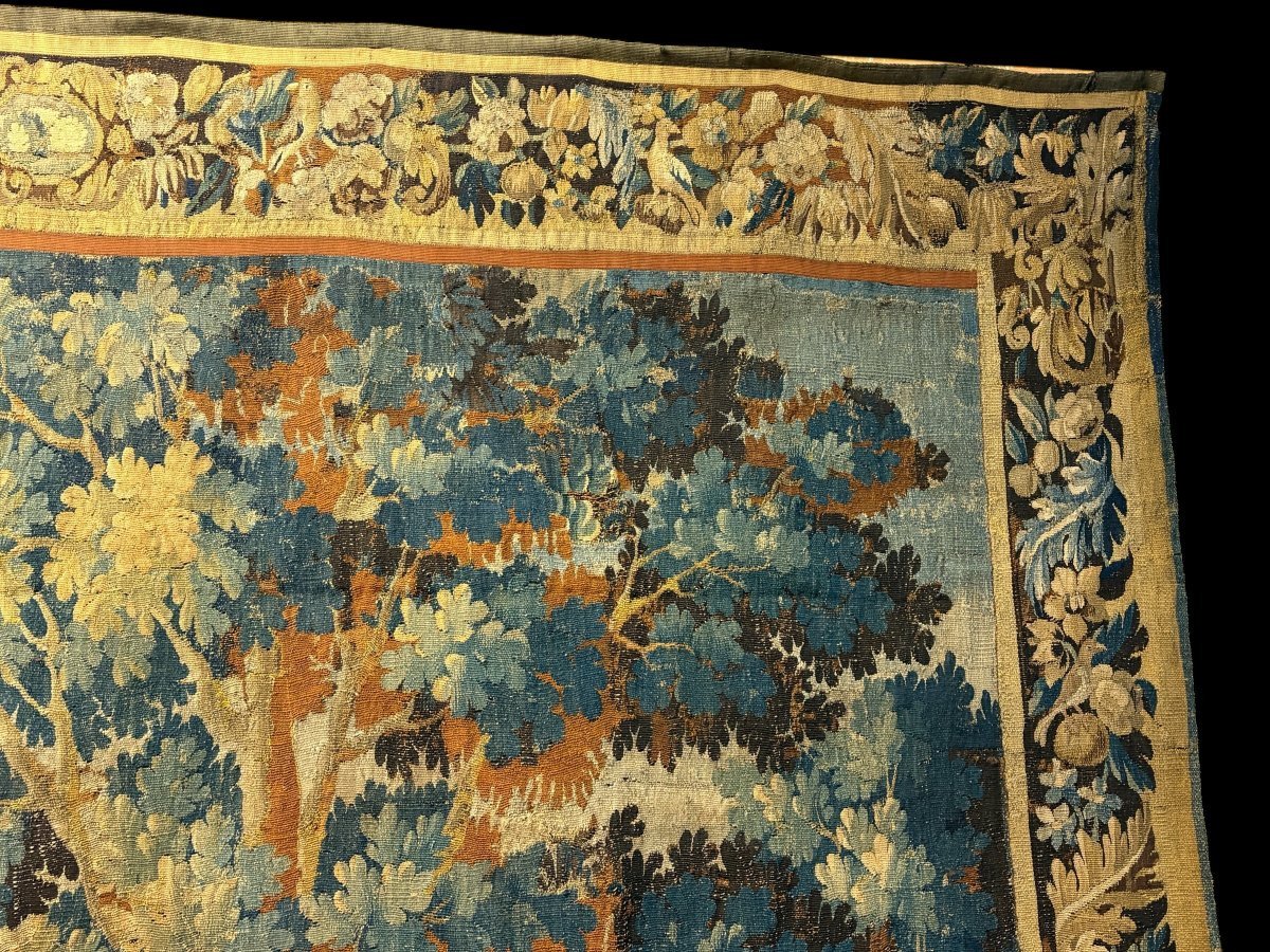 17thC. Flemish ‘Verdure’ wool tapestry from Oudenaarde, dating 1680–1700, depicting a court or hunting scene featuring animals, a woodland landscape and noble figures.