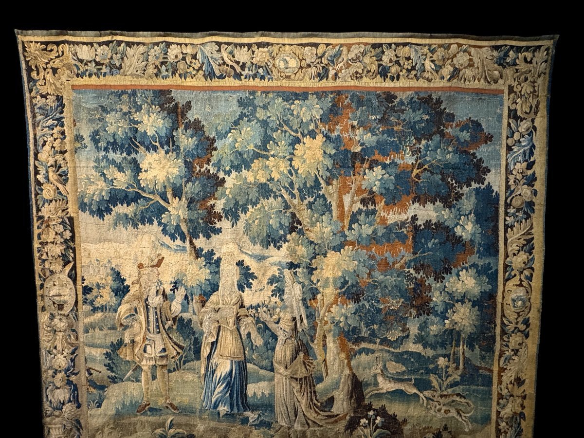 17thC. Flemish ‘Verdure’ wool tapestry from Oudenaarde, dating 1680–1700, depicting a court or hunting scene featuring animals, a woodland landscape and noble figures.