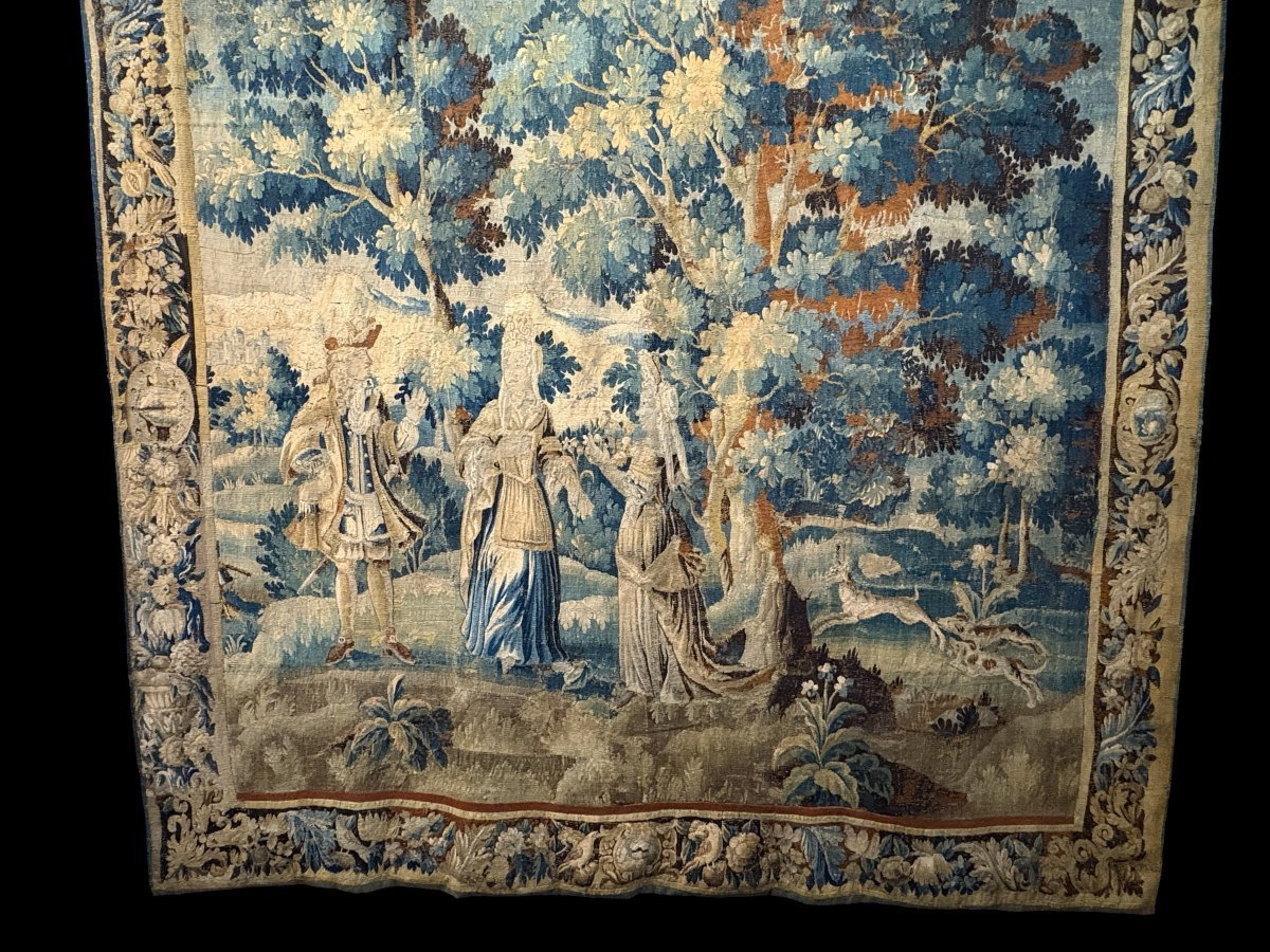 17thC. Flemish ‘Verdure’ wool tapestry from Oudenaarde, dating 1680–1700, depicting a court or hunting scene featuring animals, a woodland landscape and noble figures.