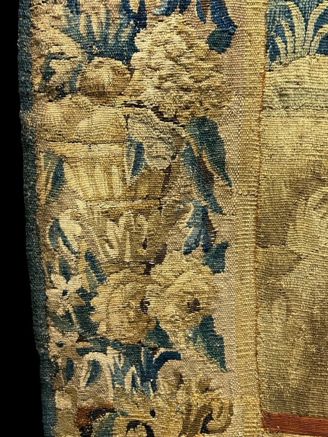 17thC. Flemish ‘Verdure’ wool tapestry from Oudenaarde, dating 1680–1700, depicting a court or hunting scene featuring animals, a woodland landscape and noble figures.