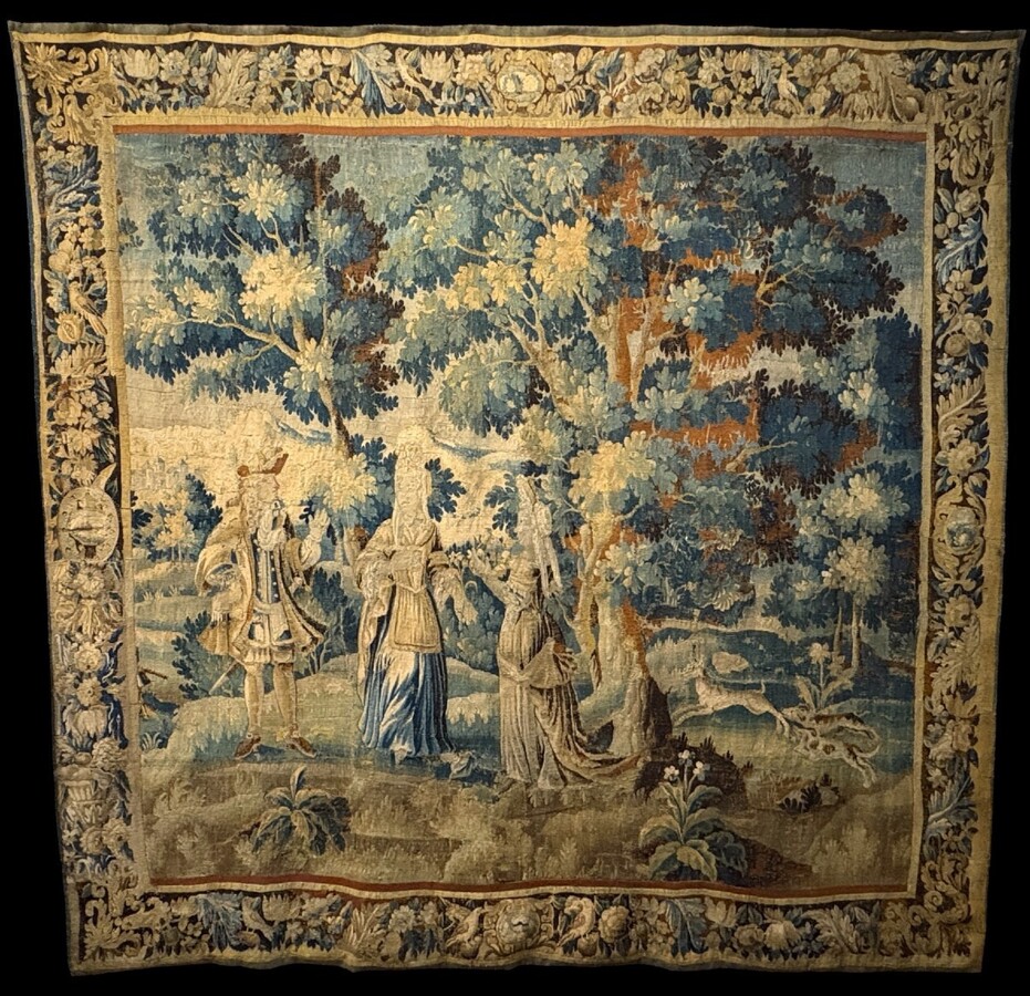 17thC. Flemish ‘Verdure’ wool tapestry from Oudenaarde, dating 1680–1700, depicting a court or hunting scene featuring animals, a woodland landscape and noble figures.