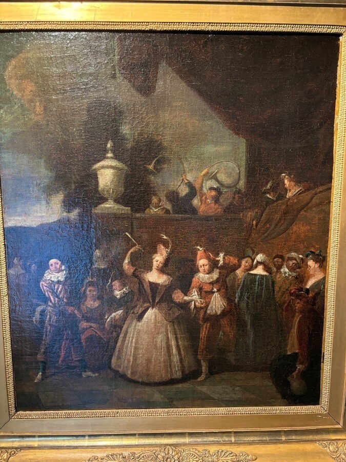 18th century painting ‘Dance scene with Harlequin’ oil on canvas. Decorative painting depicting a dance scene of nobles with a harlequin in a city garden in a beautiful gilt Empire frame.