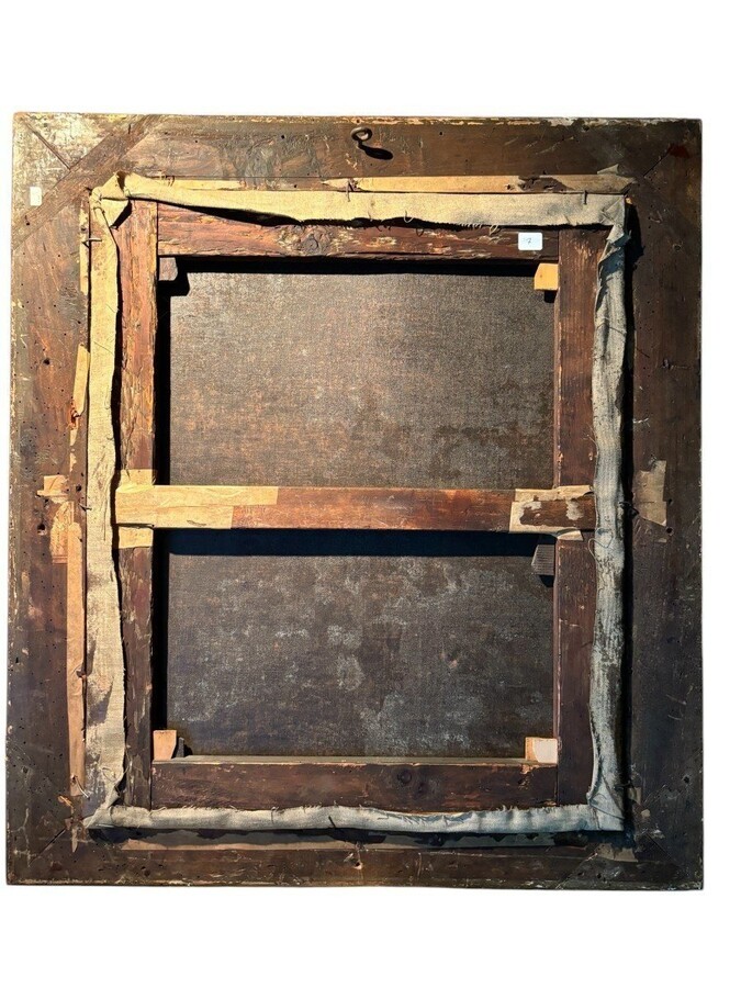 18th century painting ‘Dance scene with Harlequin’ oil on canvas. Decorative painting depicting a dance scene of nobles with a harlequin in a city garden in a beautiful gilt Empire frame.