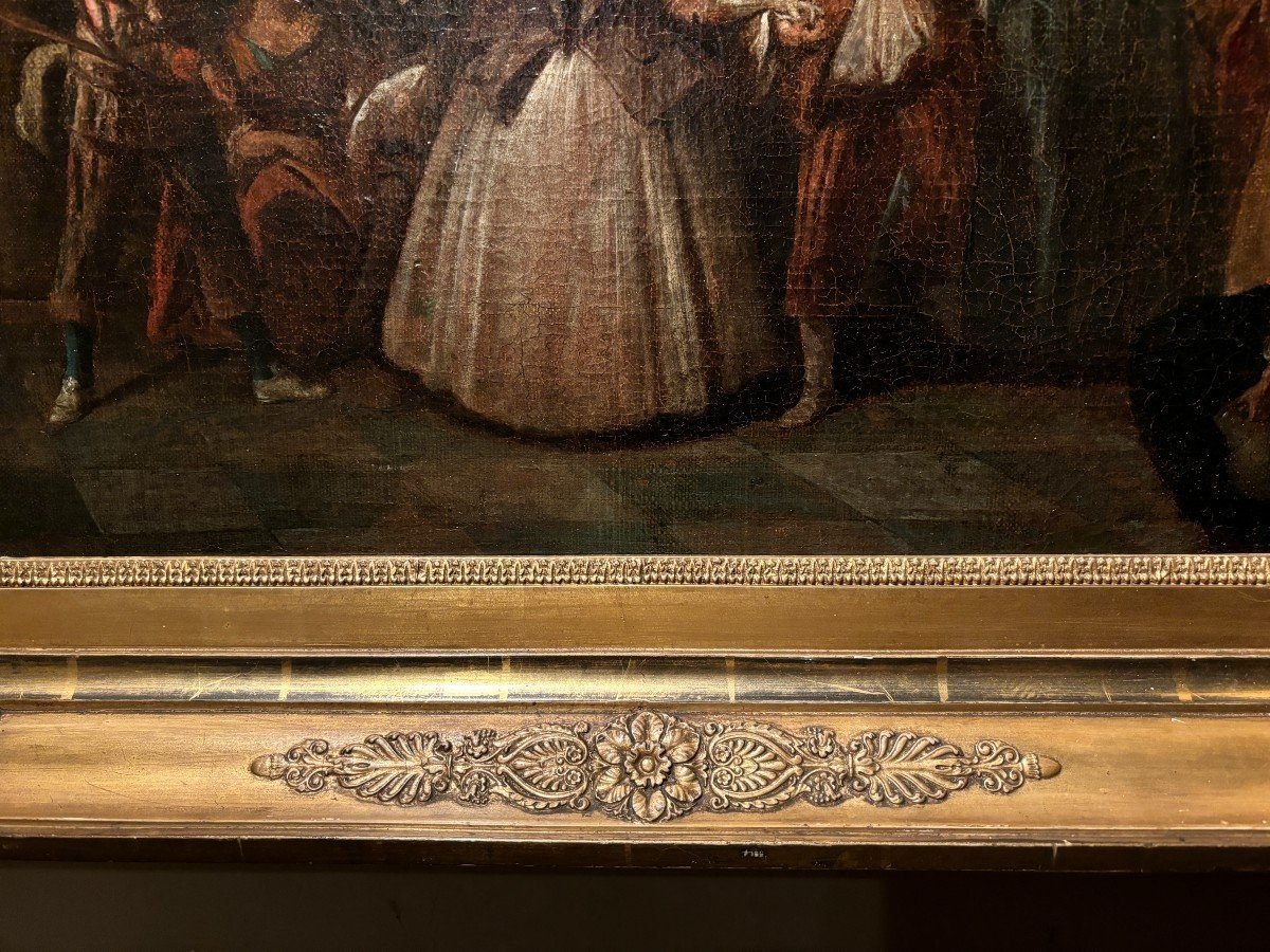 18th century painting ‘Dance scene with Harlequin’ oil on canvas. Decorative painting depicting a dance scene of nobles with a harlequin in a city garden in a beautiful gilt Empire frame.