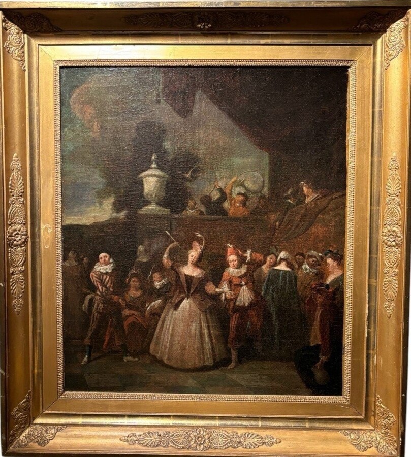 18th century painting ‘Dance scene with Harlequin’ oil on canvas. Decorative painting depicting a dance scene of nobles with a harlequin in a city garden in a beautiful gilt Empire frame.