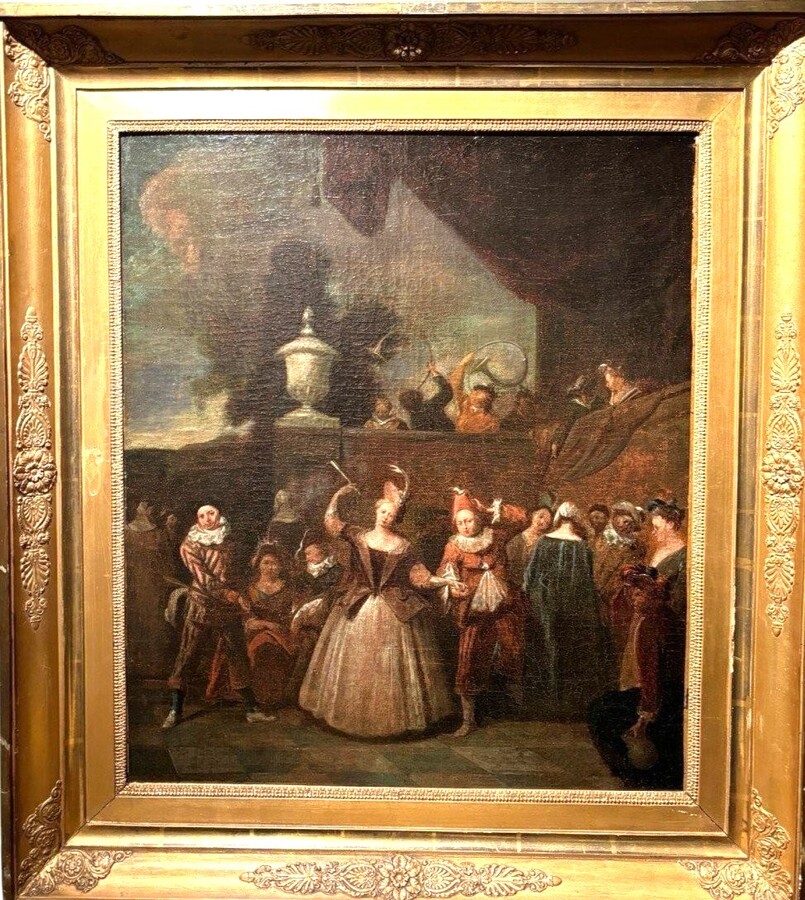 18th century painting ‘Dance scene with Harlequin’ oil on canvas. Decorative painting depicting a dance scene of nobles with a harlequin in a city garden in a beautiful gilt Empire frame.