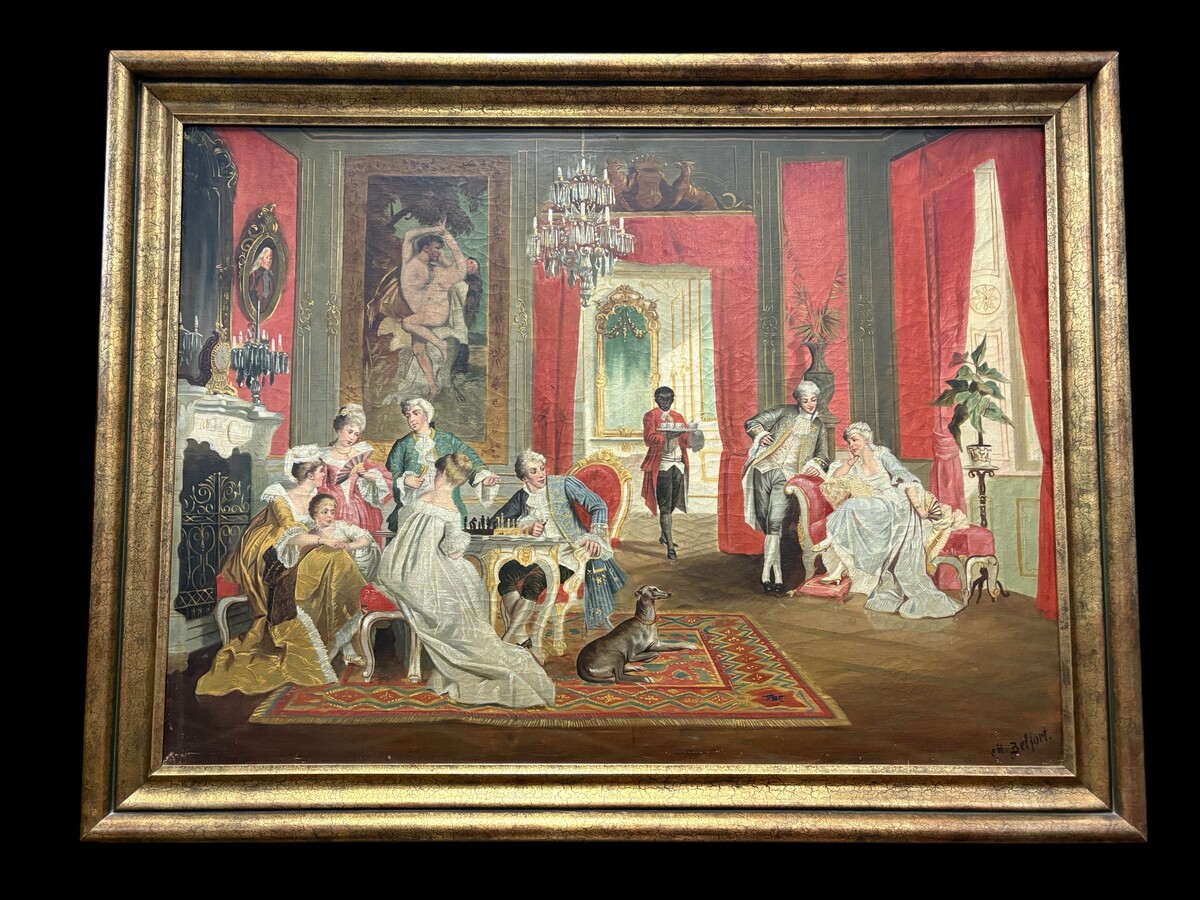 19th century decorative oil painting on canvas Painting in a gilded frame depicting nobles in a castle hall/Parisian salon, signed by M. Belfort Painting and frame in good condition, only a small hole in the canvas (red cushion on the stool)