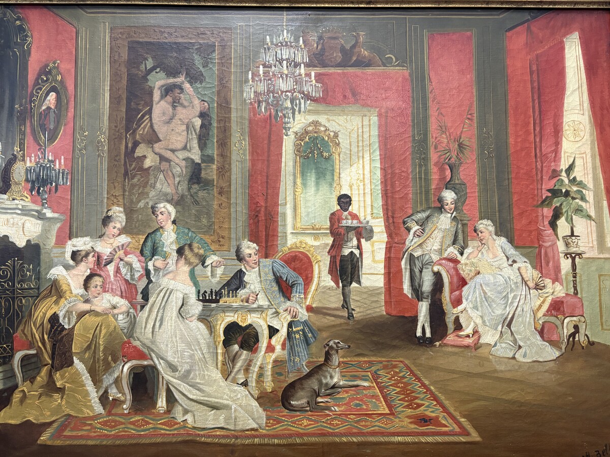 19th century decorative oil painting on canvas Painting in a gilded frame depicting nobles in a castle hall/Parisian salon, signed by M. Belfort Painting and frame in good condition, only a small hole in the canvas (red cushion on the stool)