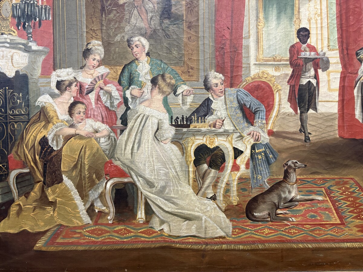 19th century decorative oil painting on canvas Painting in a gilded frame depicting nobles in a castle hall/Parisian salon, signed by M. Belfort Painting and frame in good condition, only a small hole in the canvas (red cushion on the stool)