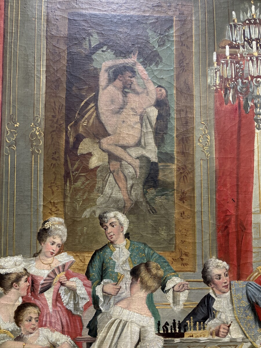19th century decorative oil painting on canvas Painting in a gilded frame depicting nobles in a castle hall/Parisian salon, signed by M. Belfort Painting and frame in good condition, only a small hole in the canvas (red cushion on the stool)