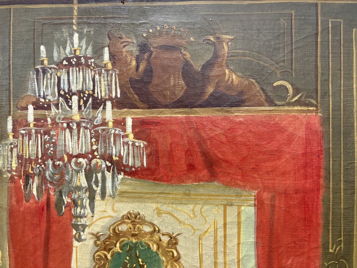 19th century decorative oil painting on canvas Painting in a gilded frame depicting nobles in a castle hall/Parisian salon, signed by M. Belfort Painting and frame in good condition, only a small hole in the canvas (red cushion on the stool)