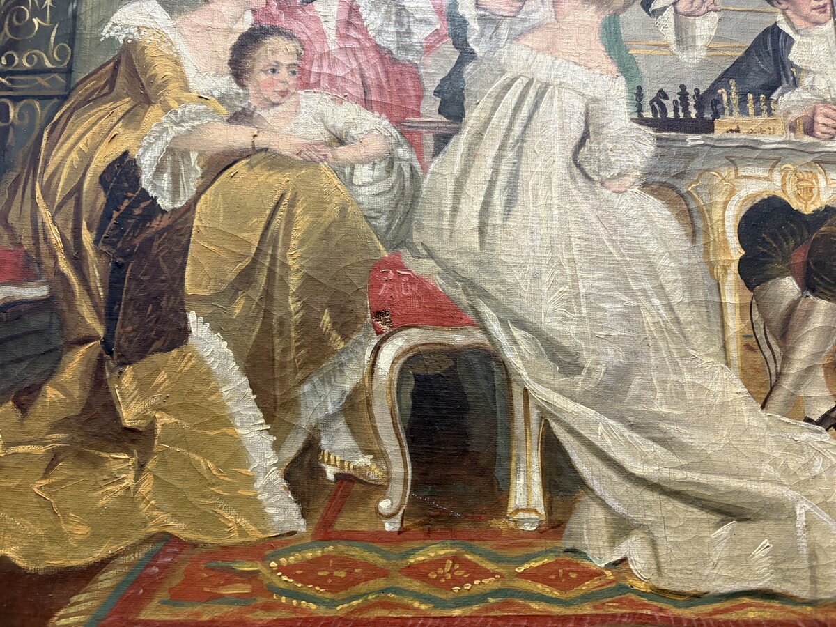 19th century decorative oil painting on canvas Painting in a gilded frame depicting nobles in a castle hall/Parisian salon, signed by M. Belfort Painting and frame in good condition, only a small hole in the canvas (red cushion on the stool)