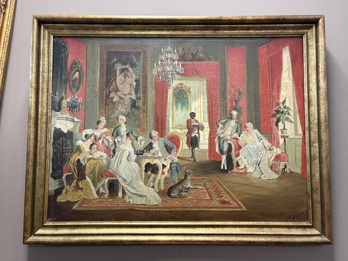 19th century decorative oil painting on canvas Painting in a gilded frame depicting nobles in a castle hall/Parisian salon, signed by M. Belfort Painting and frame in good condition, only a small hole in the canvas (red cushion on the stool)