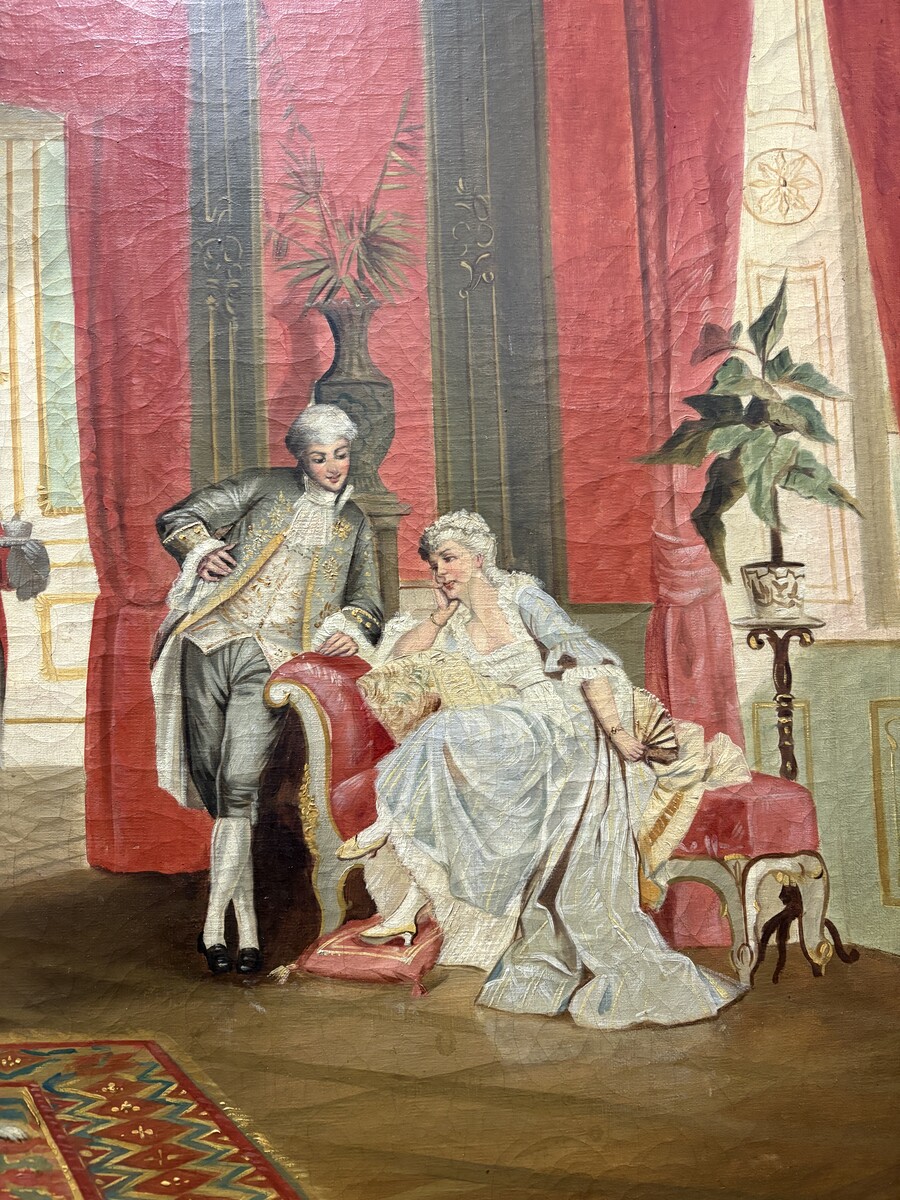 19th century decorative oil painting on canvas Painting in a gilded frame depicting nobles in a castle hall/Parisian salon, signed by M. Belfort Painting and frame in good condition, only a small hole in the canvas (red cushion on the stool)