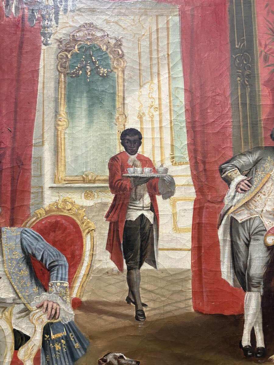 19th century decorative oil painting on canvas Painting in a gilded frame depicting nobles in a castle hall/Parisian salon, signed by M. Belfort Painting and frame in good condition, only a small hole in the canvas (red cushion on the stool)