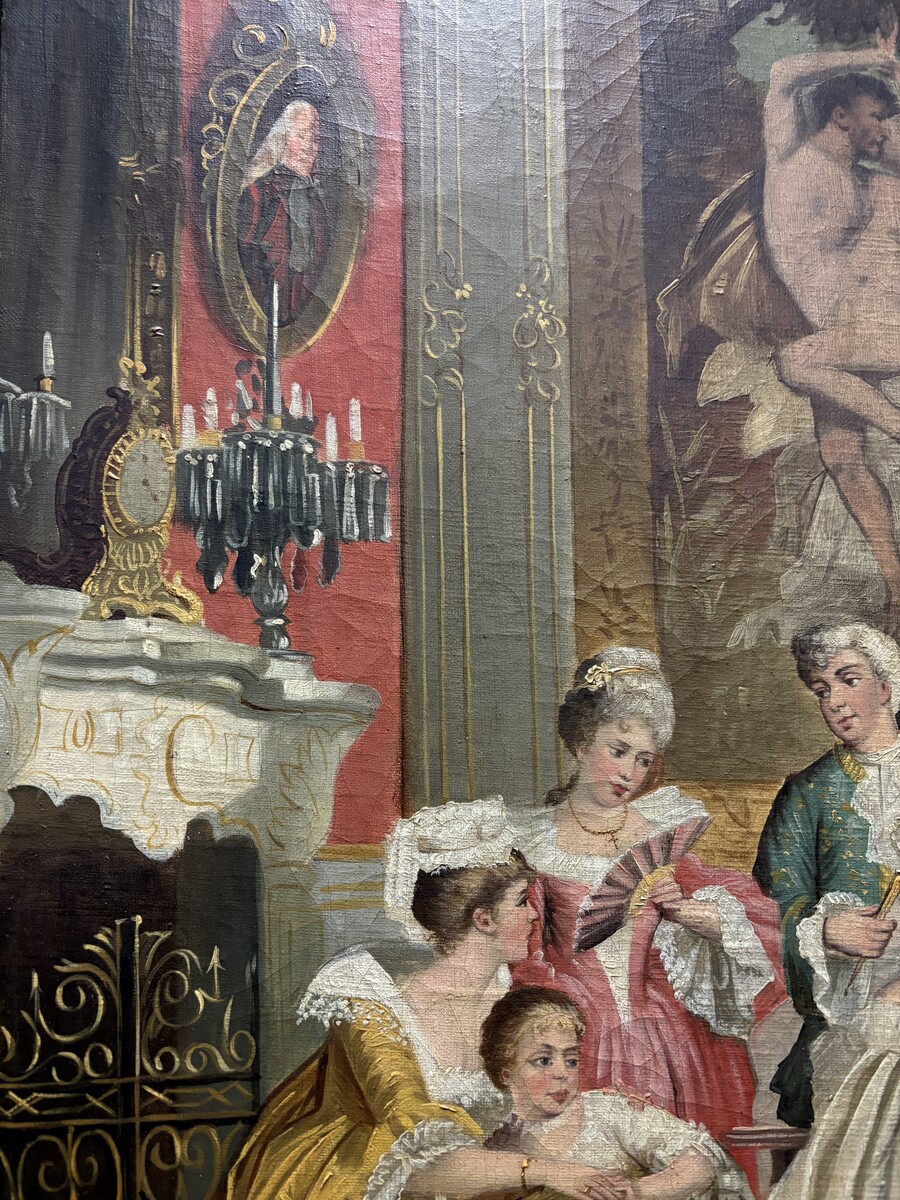 19th century decorative oil painting on canvas Painting in a gilded frame depicting nobles in a castle hall/Parisian salon, signed by M. Belfort Painting and frame in good condition, only a small hole in the canvas (red cushion on the stool)