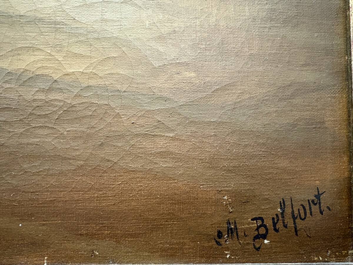 19th century decorative oil painting on canvas Painting in a gilded frame depicting nobles in a castle hall/Parisian salon, signed by M. Belfort Painting and frame in good condition, only a small hole in the canvas (red cushion on the stool)