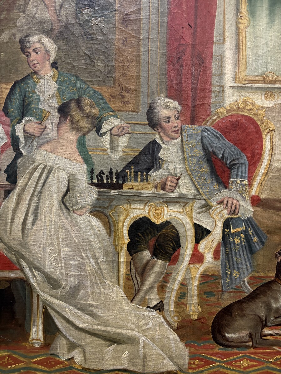 19th century decorative oil painting on canvas Painting in a gilded frame depicting nobles in a castle hall/Parisian salon, signed by M. Belfort Painting and frame in good condition, only a small hole in the canvas (red cushion on the stool)