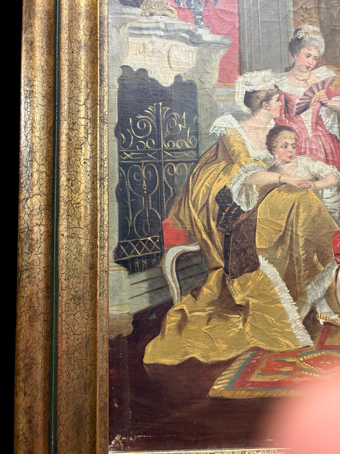 19th century decorative oil painting on canvas Painting in a gilded frame depicting nobles in a castle hall/Parisian salon, signed by M. Belfort Painting and frame in good condition, only a small hole in the canvas (red cushion on the stool)