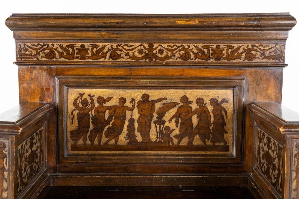 19th-century Italian walnut entrance bench Elegant Renaissance-style entrance bench, finely carved with representations of animals and mythological figures. The bench consists of two parts, is equipped with a flap and is in good condition.