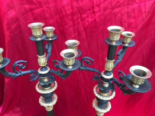 Empire style Candlesticks in gilded and patinated bronze, French 19th Century