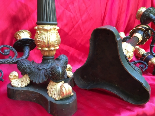 Empire style Candlesticks in gilded and patinated bronze, French 19th Century