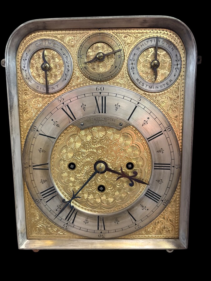 ‘8-bell’ Bracket Clock, Glasgow, 19thC. A very fine bracket clock with exquisitely carved details and a richly decorated bronze dial. The dial is signed C. Edward & Sons, Glasgow. The mechanism is fitted with 8 bells and 5 gongs. 