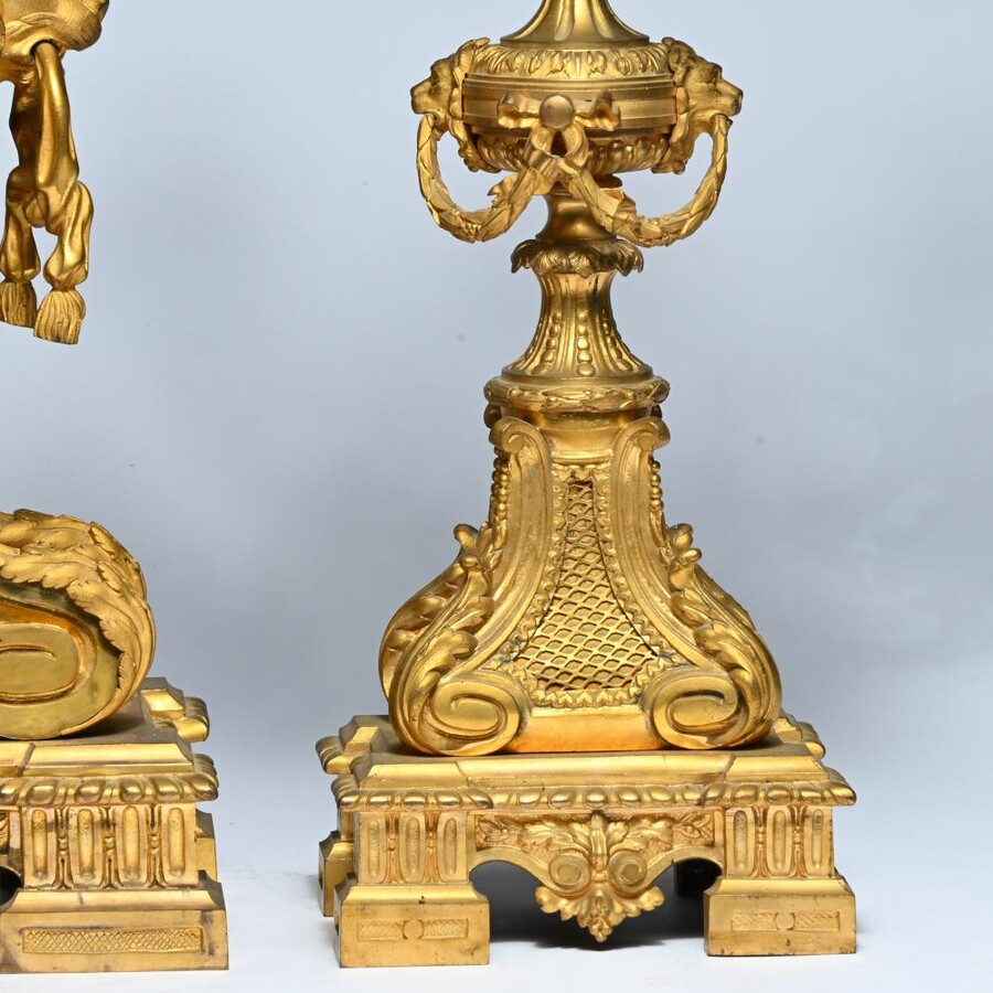 A Large Gilt Bronze LXVI Style Mantelpiece Paris, 19th Century. The Clock And The Candelabras Are Gilded With Matt And Bright Gold. Clock Signed By G.Philippe, Palais Royal 66 & 67 In Paris. Dimensions Clock: 68 Cm High, 42 Cm Wide And 24 Cm Deep.