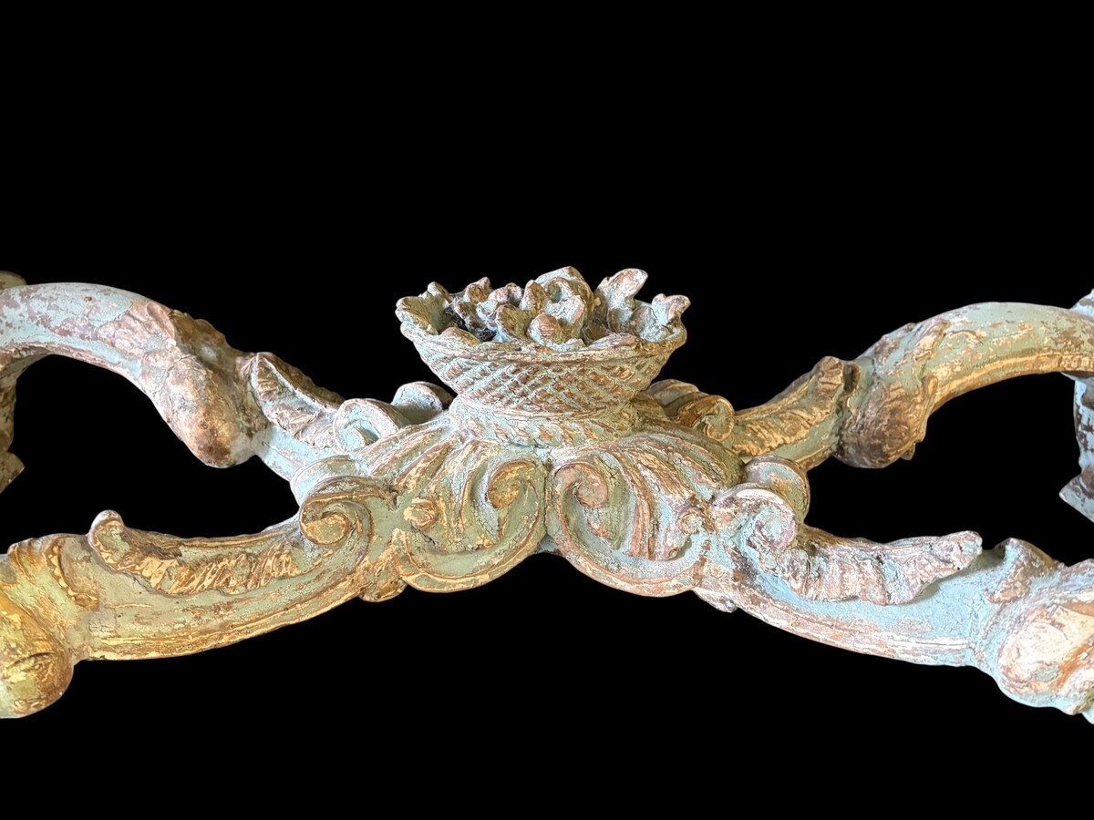 A nice 18thC. console table with a marble-effect wooden top, recently fitted with a metal washbasin and bronze taps (which have never been connected...) The console table is in good condition, showing slight signs of wear and some old paintwork. 