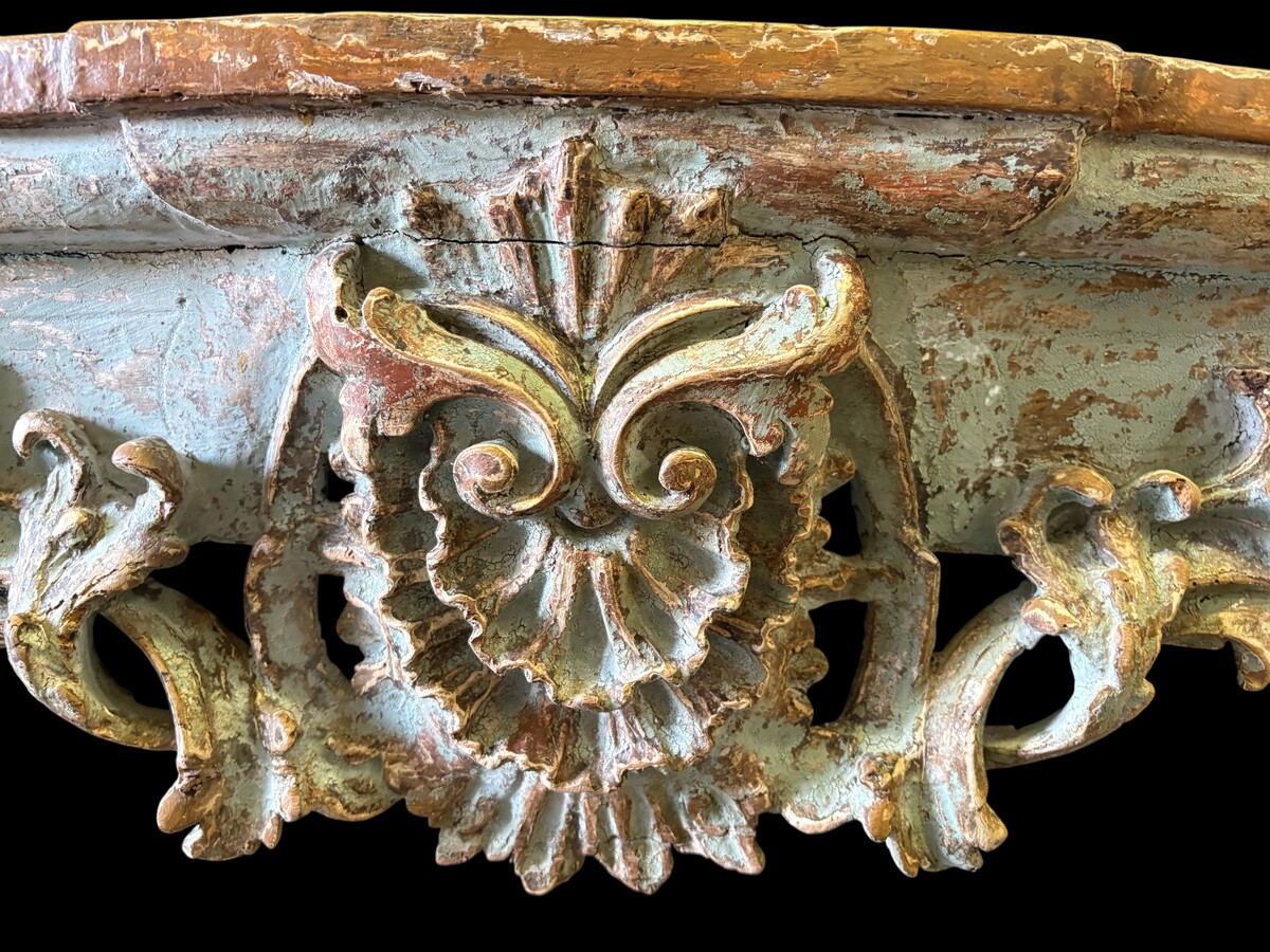 A nice 18thC. console table with a marble-effect wooden top, recently fitted with a metal washbasin and bronze taps (which have never been connected...) The console table is in good condition, showing slight signs of wear and some old paintwork. 