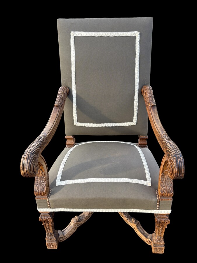 A pair of large 19th-century Regency-style oak armchairs. Decorative oak armchairs, upholstered in taupe fabric with a lace ribbon border. Dimensions: Height: 121 cm Width: 67 cm Depth: 70 cm
