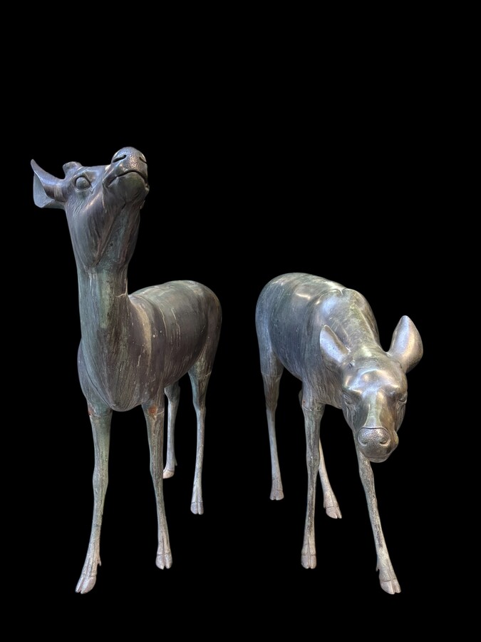  A superb 19thC. pair of life-size bronze sculptures depicting a doe and a stag, exquisitely detailed and featuring a magnificent antique patina. The deer show signs of wear and have undergone some previous restoration