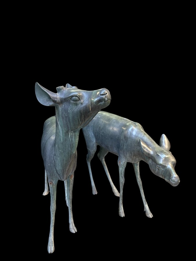  A superb 19thC. pair of life-size bronze sculptures depicting a doe and a stag, exquisitely detailed and featuring a magnificent antique patina. The deer show signs of wear and have undergone some previous restoration