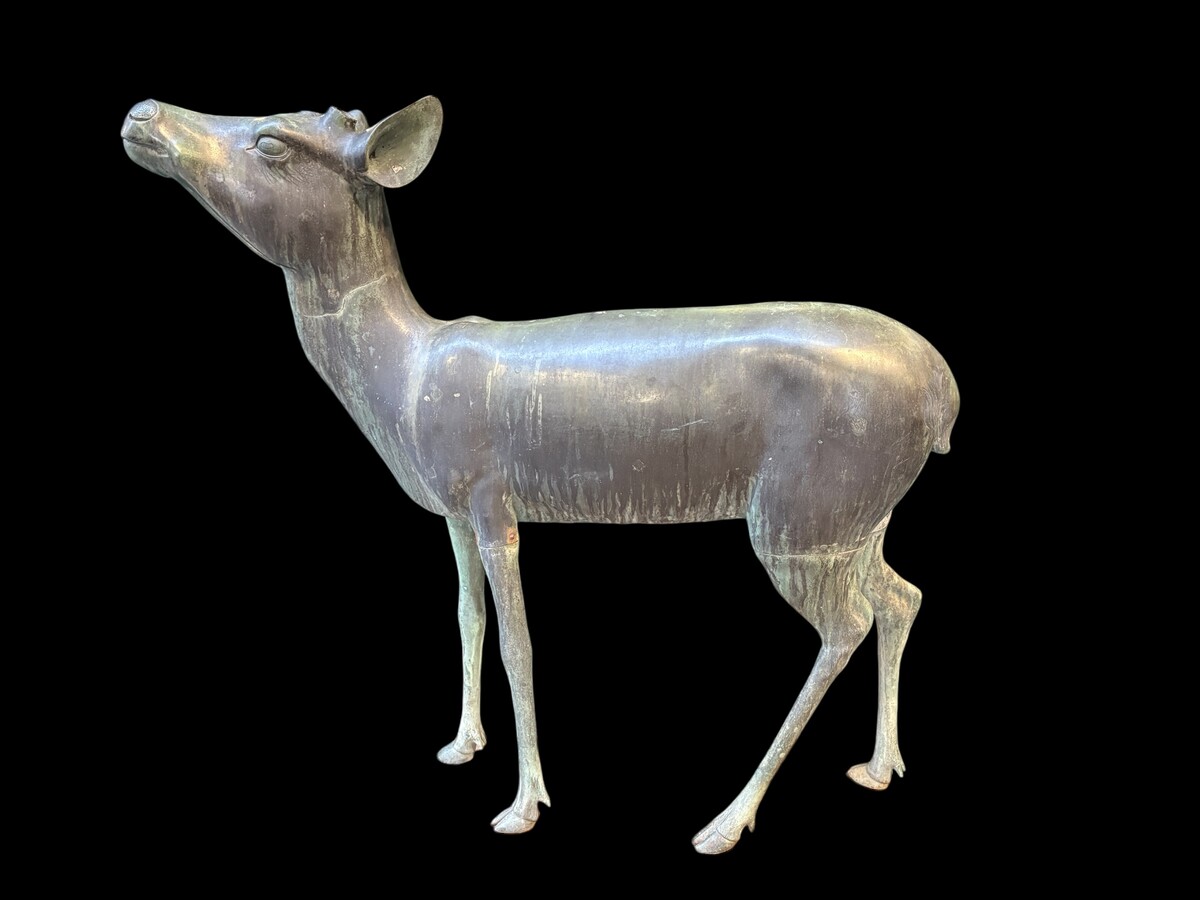  A superb 19thC. pair of life-size bronze sculptures depicting a doe and a stag, exquisitely detailed and featuring a magnificent antique patina. The deer show signs of wear and have undergone some previous restoration