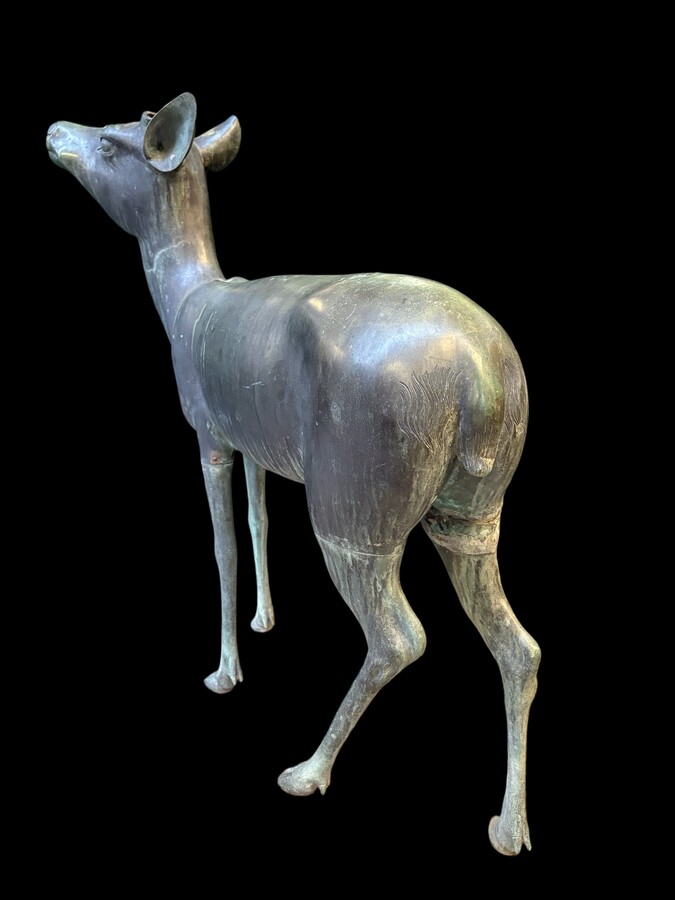  A superb 19thC. pair of life-size bronze sculptures depicting a doe and a stag, exquisitely detailed and featuring a magnificent antique patina. The deer show signs of wear and have undergone some previous restoration