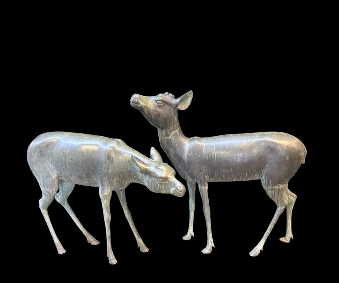  A superb 19thC. pair of life-size bronze sculptures depicting a doe and a stag, exquisitely detailed and featuring a magnificent antique patina. The deer show signs of wear and have undergone some previous restoration
