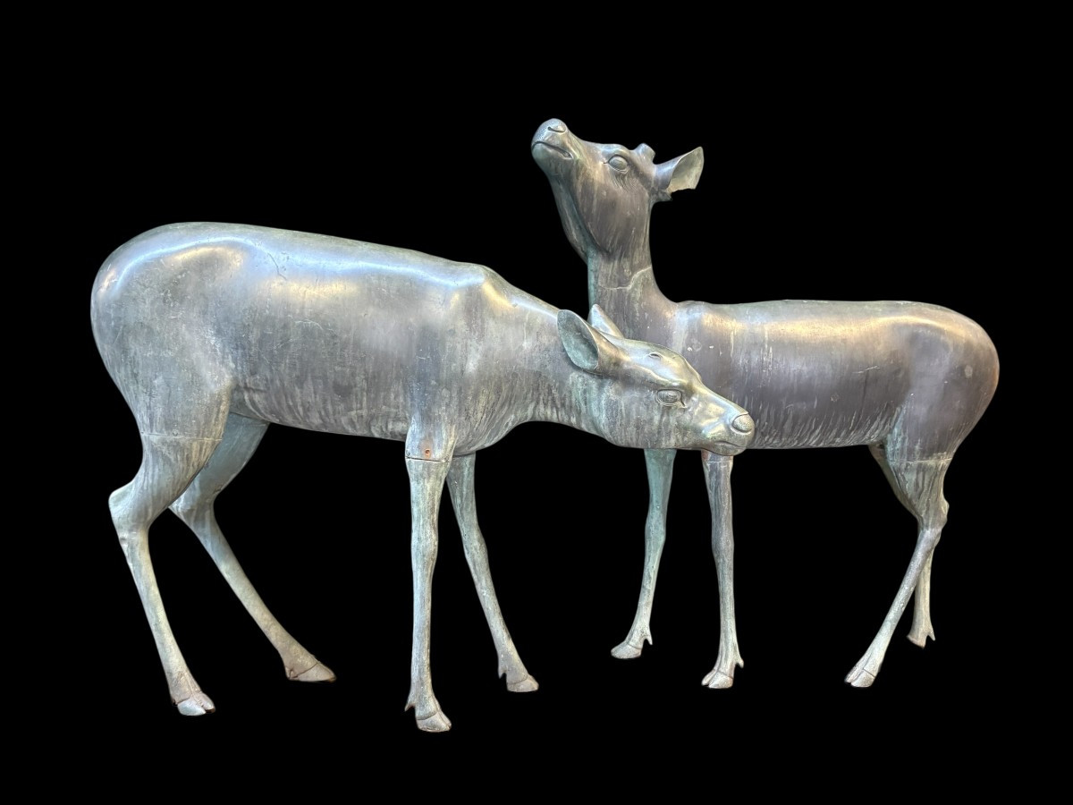 A superb 19thC. pair of life-size bronze sculptures depicting a doe and a stag, exquisitely detailed and featuring a magnificent antique patina. The deer show signs of wear and have undergone some previous restoration