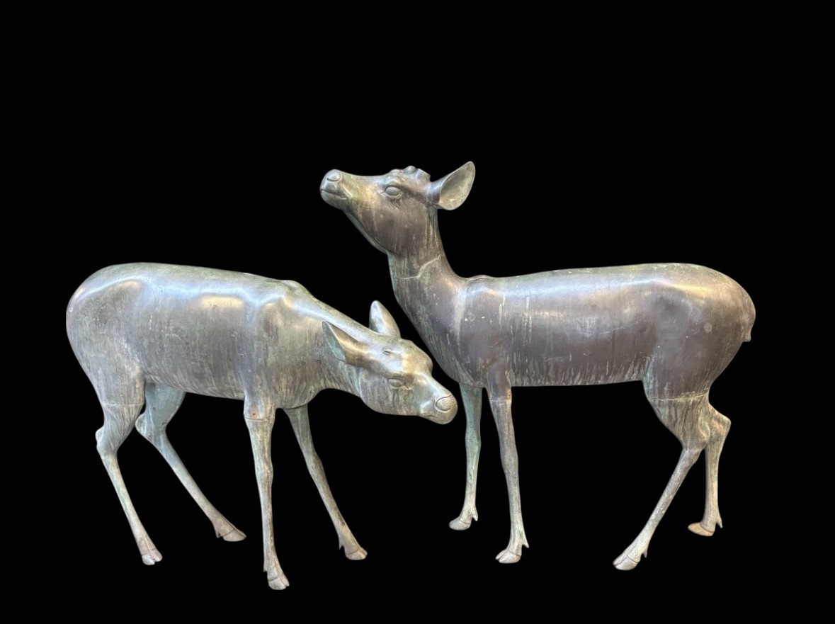 A superb 19thC. pair of life-size bronze sculptures depicting a doe and a stag, exquisitely detailed and featuring a magnificent antique patina. The deer show signs of wear and have undergone some previous restoration